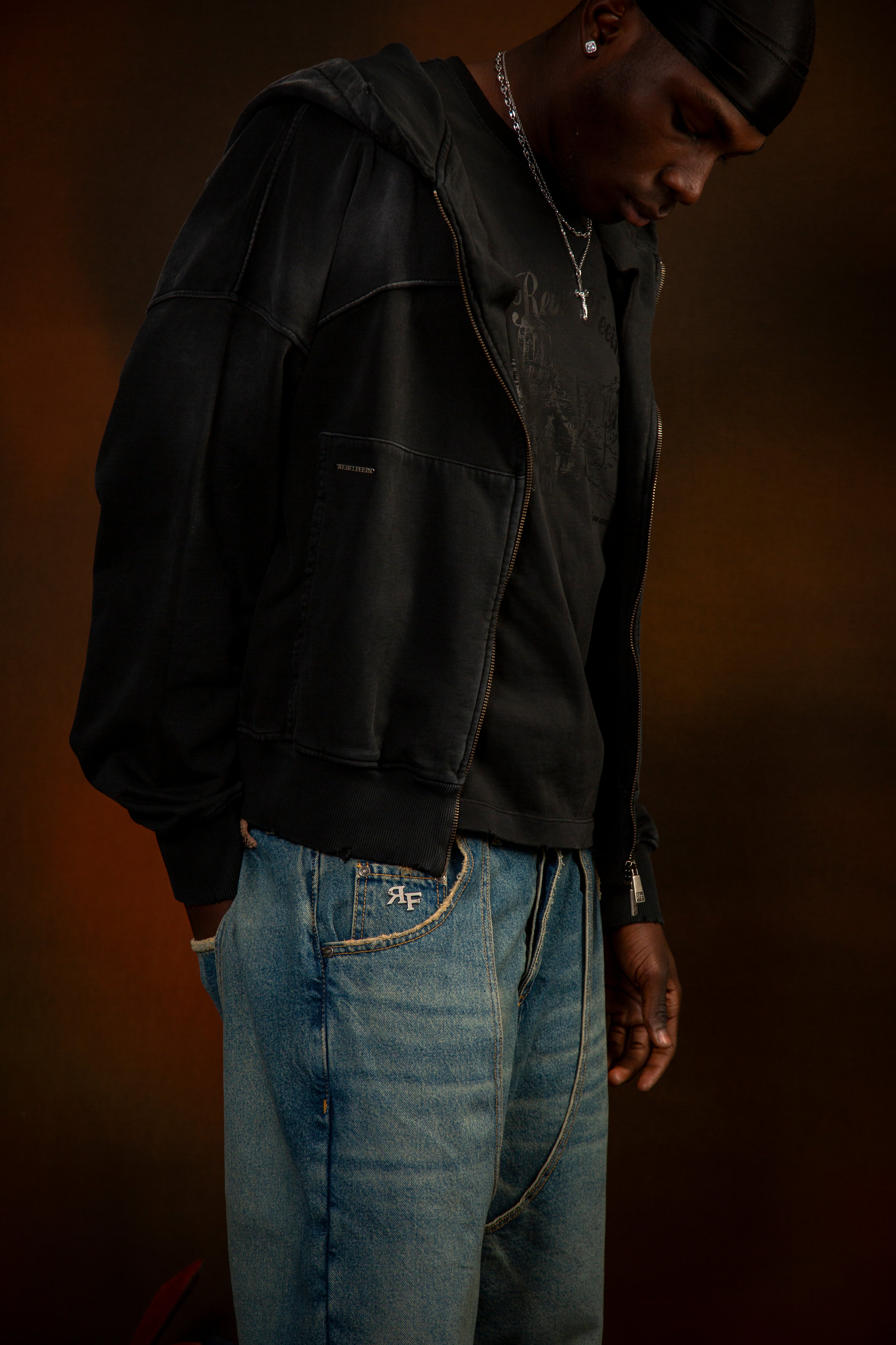 REBEL FEEIN FULL ZIP HOODIE WASHED BLACK