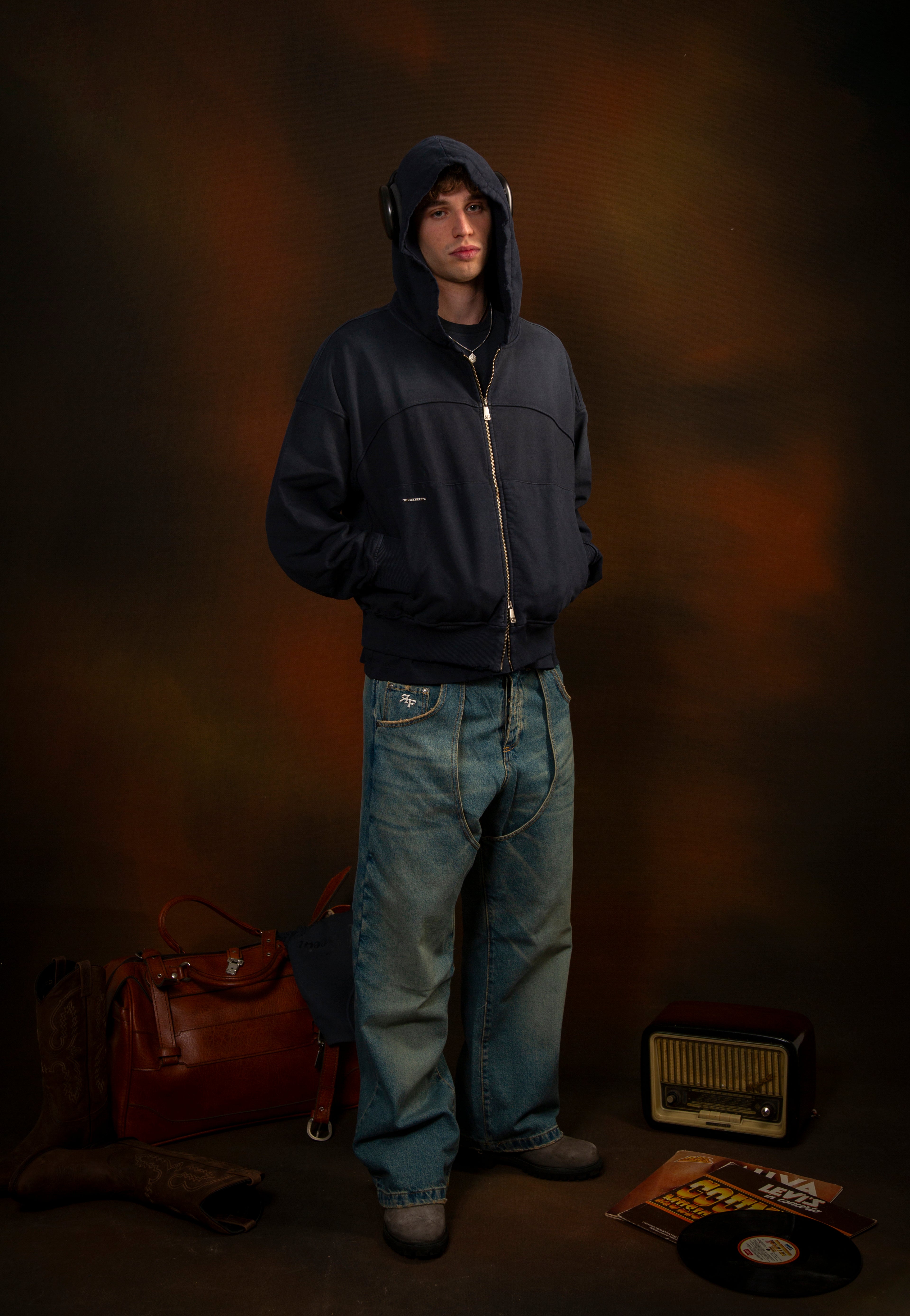 REBEL FEEIN FULL ZIP HOODIE WASHED NAVY