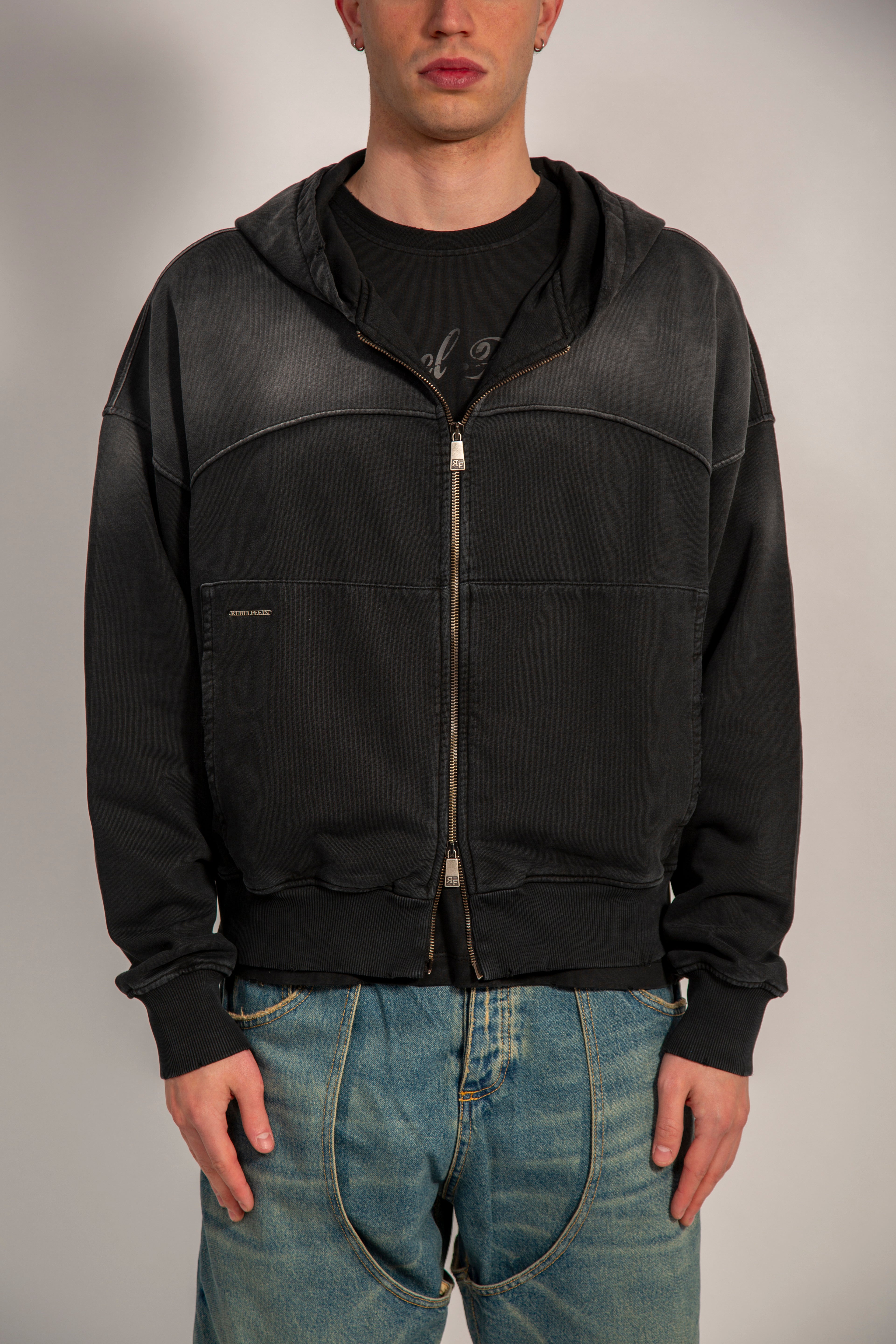 REBEL FEEIN FULL ZIP HOODIE WASHED BLACK
