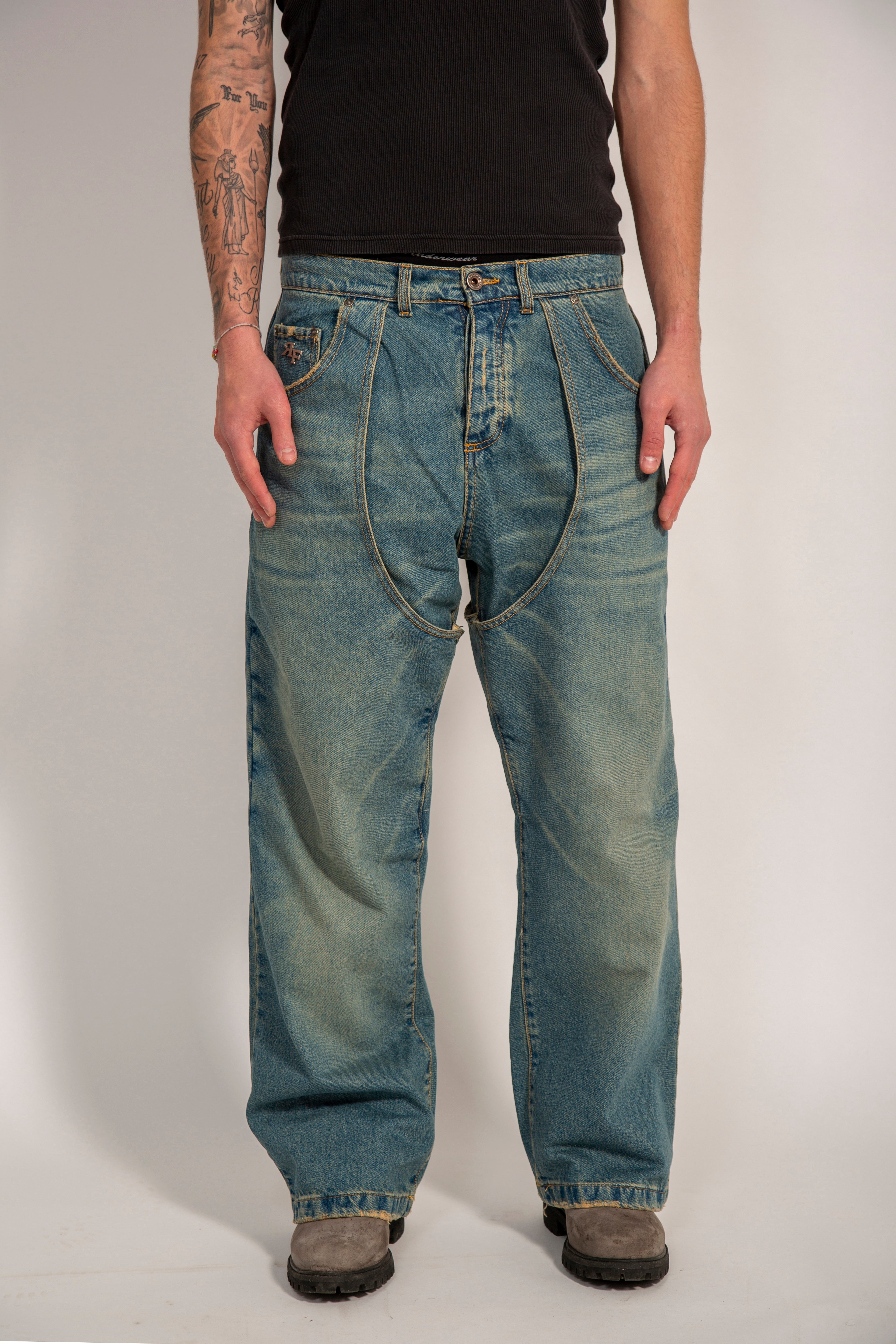 REBEL FEEIN COWBOY DENIM WIDE LEG SAND WASHED BLUE